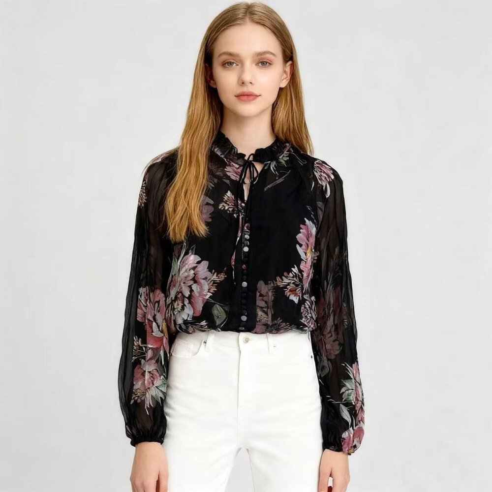 NWT Johnny Was Floral Print Long Sleeve Silk JAYCEE PEASANT Top BLOUSE Size XS